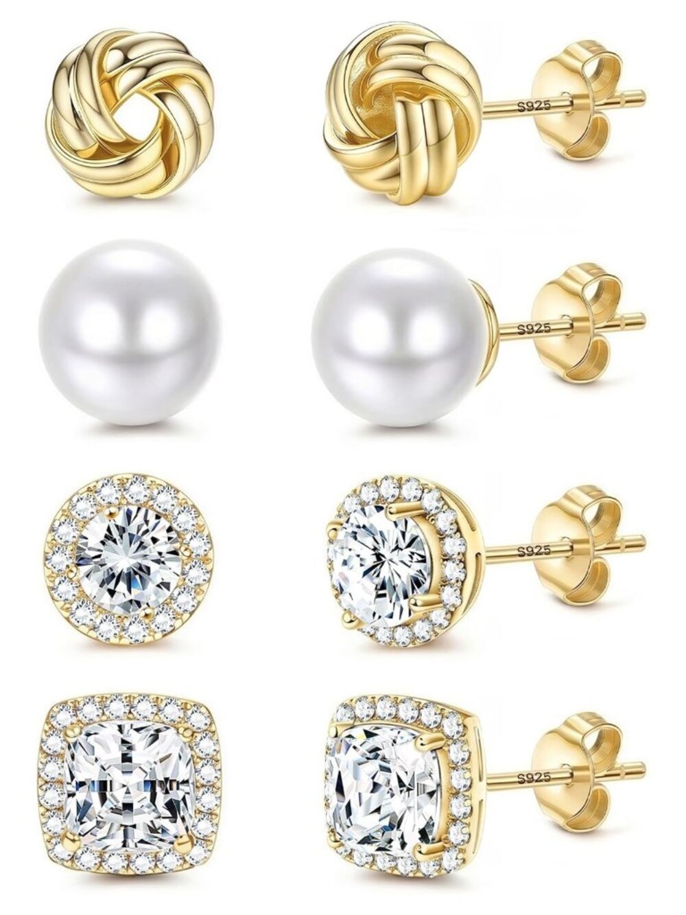 Hypoallergenic 14K Gold Plated Sterling Silver Stud Earrings Set